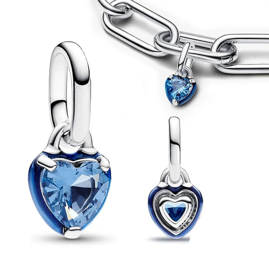 Pandora Silver Blue Heart With Chain Charm Accent