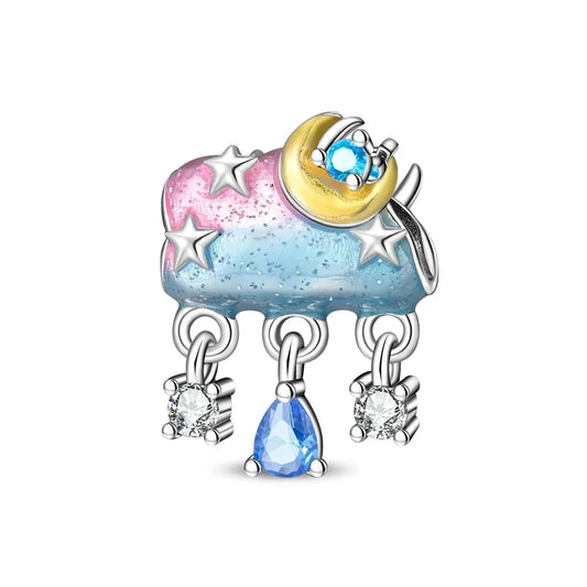 Silver Blue Pink Cloud Moon Stars Charm Cyan Accent Charm - Compatible with Pandora Bracelets