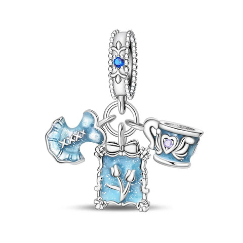 Pandora Silver Blue White Charm Heart Flowers Accent