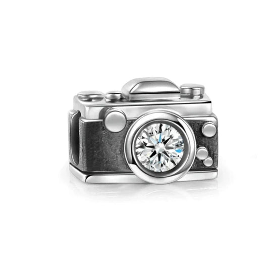 Silver Camera With Diamond In The Center Charm