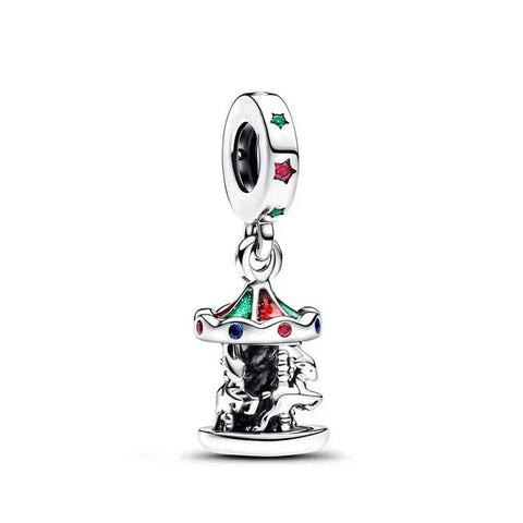 Silver Carousel Charm Colorful Beads Red Accent Charm - Compatible with Pandora Bracelets