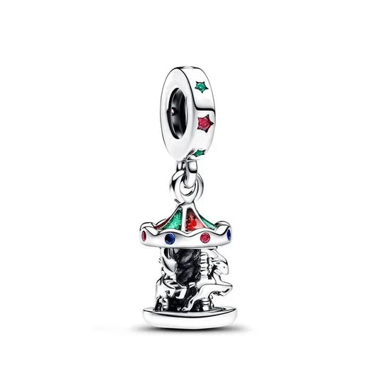 Silver Carousel Charm Colorful Beads Red Accent Charm - Compatible with Pandora Bracelets