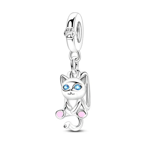 Silver Cat Charm Blue Eyes Accent Charm - Silver Cat Charm Blue Eyes Accent Charm - Compatible with Pandora Bracelets