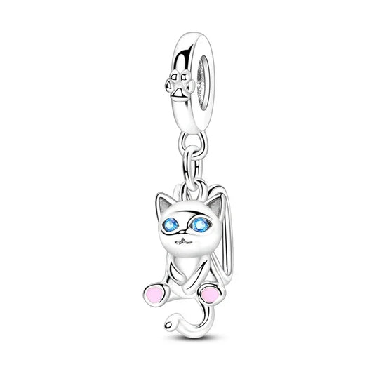 Silver Cat Charm Blue Eyes Accent Charm - Compatible with Pandora Bracelets