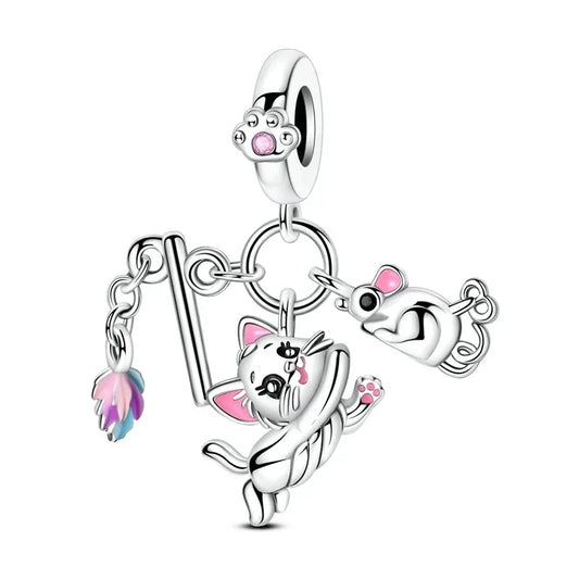 Silver Cat Charm Pink Crystal Accent Charm - Compatible with Pandora Bracelets