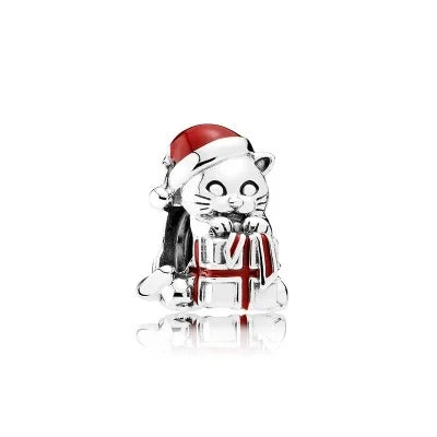 Silver Cat Wearing Santa Hat Holding Present Charm Red - Pandora Silver Cat Wearing Santa Hat Holding Present Charm Red Accent