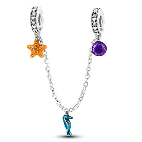 Silver Chain With Purple Starfish And Blue Charm