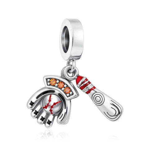 Silver Charm Baseball Bat Red Accent Charm - Silver Charm Baseball Bat Red Accent Charm - Compatible with Pandora Bracelets