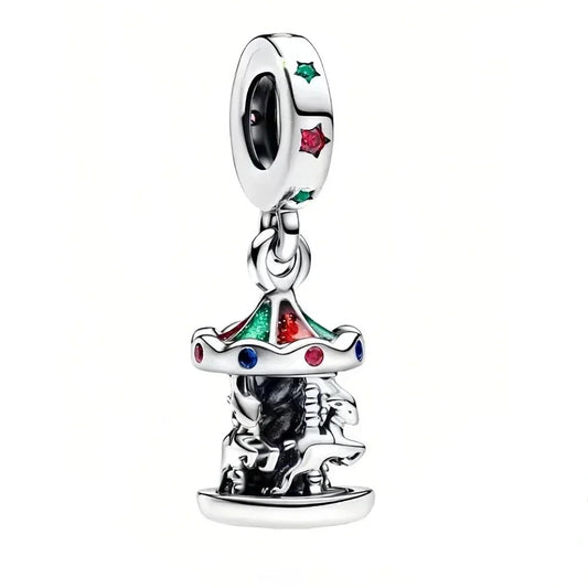 Pandora Silver Charm Carousel Colorful Beads Red Accent