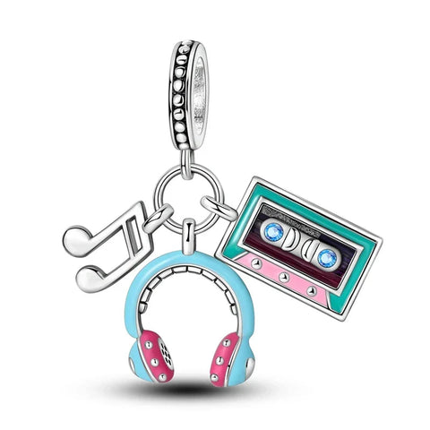 Silver Charm Cassette Player Headphones Music Note Cyan Accent
