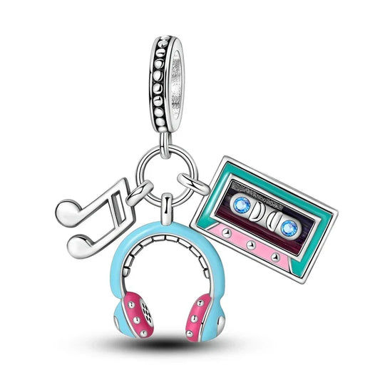 Pandora Silver Charm Cassette Player Headphones Music Note Cyan Accent
