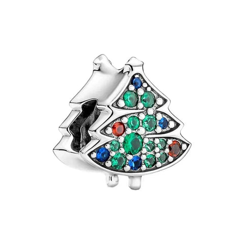 Pandora Silver Charm Christmas Tree Colorful Stones Green Accent