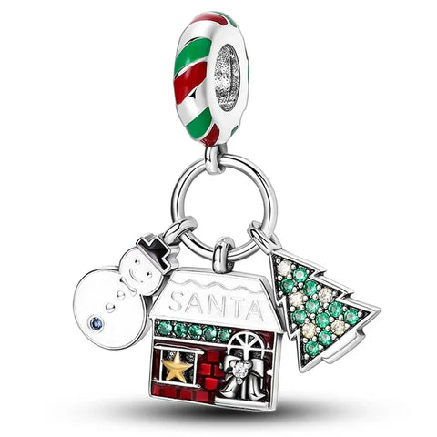 Pandora Silver Charm Christmas Tree Snowman Santa Claus Red Accent