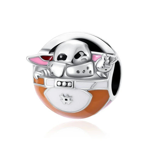 Silver Charm Cute Baby Yoda Orange Accent Charm - Silver Charm Cute Baby Yoda Orange Accent Charm - Compatible with Pandora Bracelets