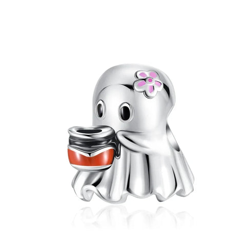 Silver Charm Cute Ghost Holding Cup Red Accent Charm - Compatible with Pandora Bracelets