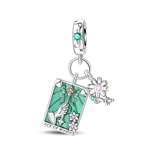 Pandora Silver Charm Flower Key Green Accent
