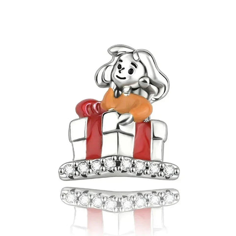 Silver Charm Girl Sitting Top Gift Box Orange - Pandora Silver Charm Girl Sitting Top Of Gift Box Orange Accent