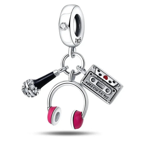 Silver Charm Headphones Pink Heart Accent