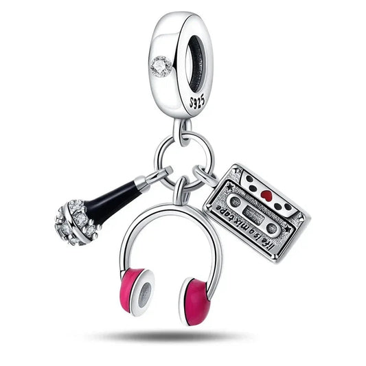 Silver Charm Headphones Pink Heart Accent