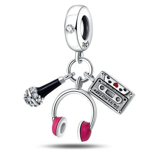Pandora Silver Charm Headphones Pink Heart Accent