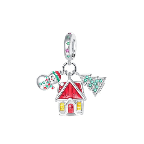 Silver Charm House Tree Snowman Red - Pandora Silver Charm House Tree Snowman Red Accent