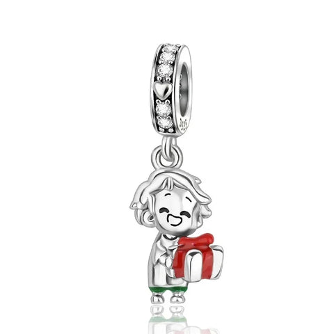 Silver Charm Little Girl Holding Present Red - Pandora Silver Charm Little Girl Holding Present Red Accent