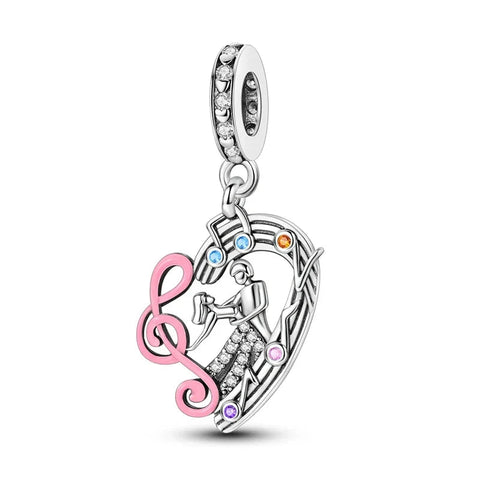 Silver Charm Musical Note Heart Orange Accent - Silver Charm Musical Note Heart Orange Accent