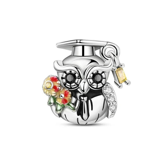 Silver Charm Owl Wearing Graduation Cap Red Accent Charm - Compatible with Pandora Bracelets
