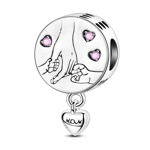 Silver Charm Pink Hearts Mother'S Hand - Silver Charm Pink Hearts Mother'S Hand