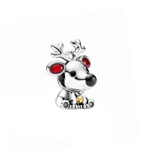 Silver Charm Reindeer Red Accent Charm - Compatible with Pandora Bracelets