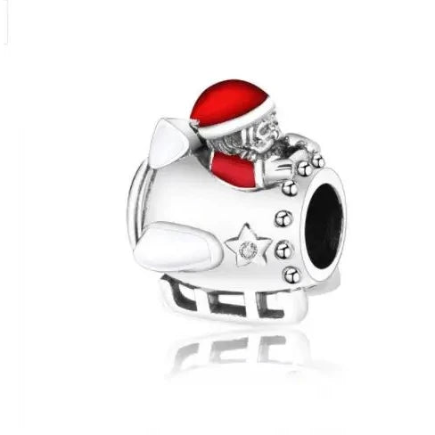 Pandora Silver Charm Santa Claus Top Of Rocket Red Accent