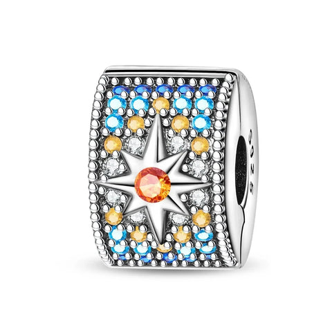 Silver Charm Star Blue Orange Crystals Accent Charm - Compatible with Pandora Bracelets