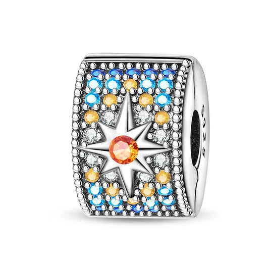 Silver Charm Star Blue Orange Crystals Accent Charm - Compatible with Pandora Bracelets