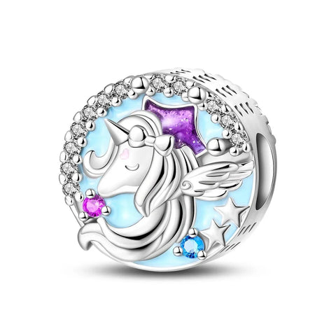 Silver Charm Unicorn Stars Cyan Accent Charm - Compatible with Pandora Bracelets