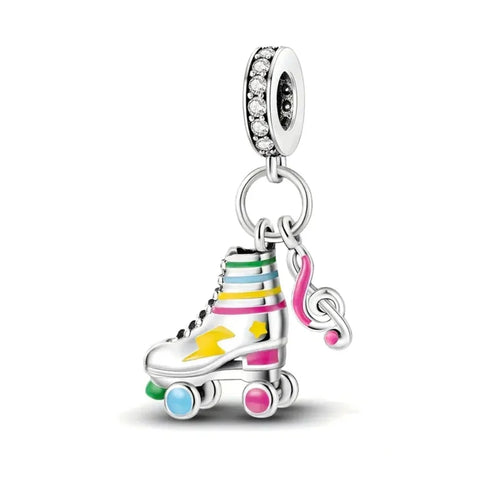Silver Colorful Roller Skate Charm Music Notes Yellow Accent Charm - Compatible with Pandora Bracelets