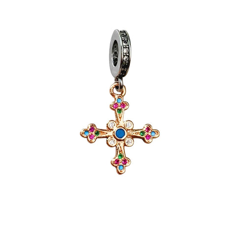 Silver Cross Charm Colorful Stones Blue Accent Charm - Compatible with Pandora Bracelets