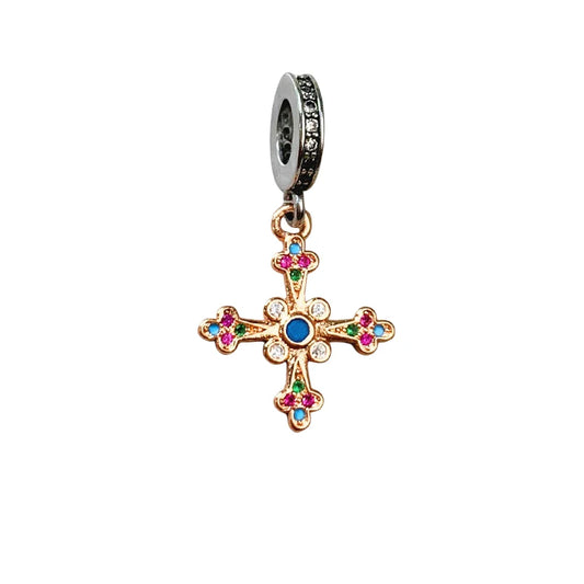Silver Cross Charm Colorful Stones Blue Accent Charm - Compatible with Pandora Bracelets