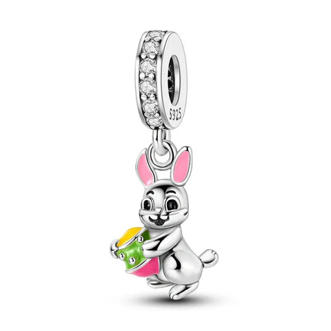 Silver Cute Bunny Basket Charm Yellow Accent - Silver Cute Bunny Basket Charm Yellow Accent
