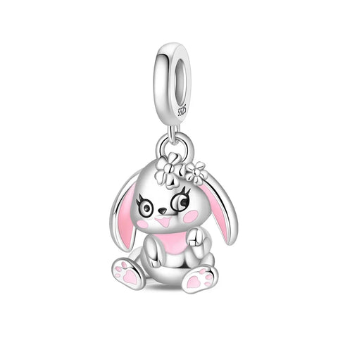 Silver Cute Bunny Charm Pink Bow Red Accent Charm - Compatible with Pandora Bracelets