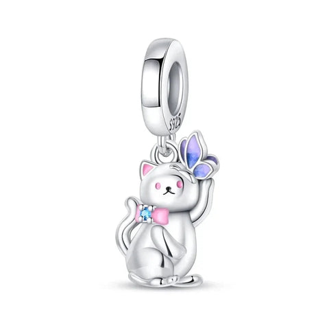 Silver Cute Cat Charm Butterfly It Blue Accent - Silver Cute Cat Charm Butterfly It Blue Accent