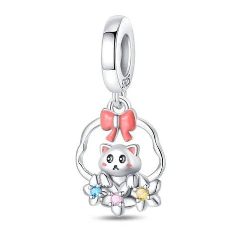 Silver Cute Cat Charm Flowers Bow Red Accent - Silver Cute Cat Charm Flowers Bow Red Accent