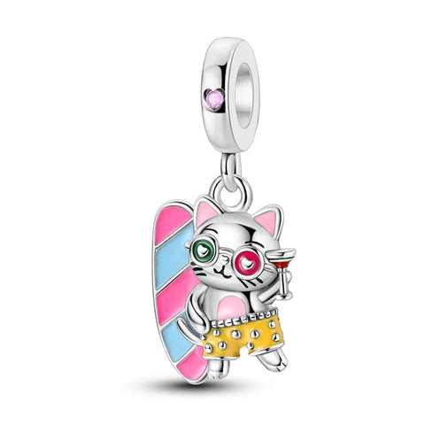 Silver Cute Cat Wearing Sunglasses Holding Surfboard Charm Yellow Accent