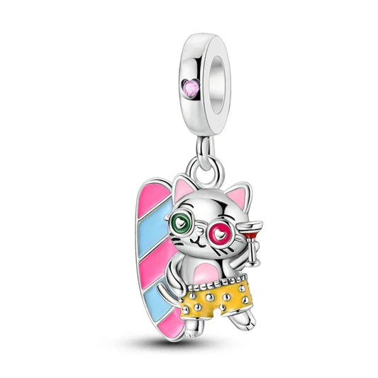 Silver Cute Cat Wearing Sunglasses Holding Surfboard Charm Yellow Accent