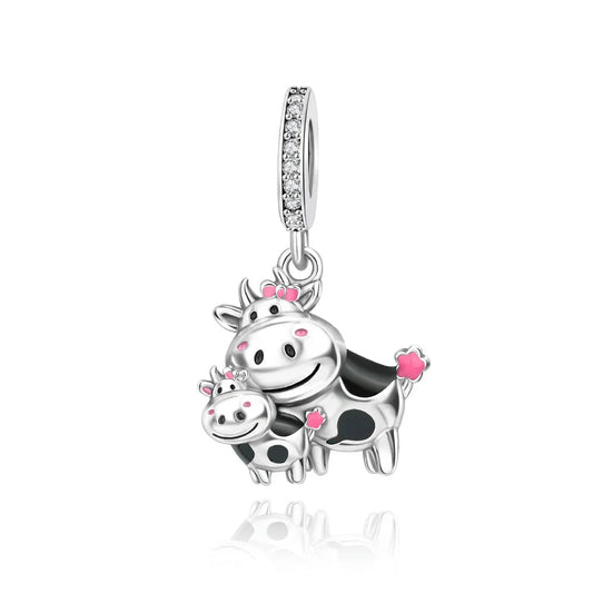 Silver Cute Cow Charm Pink Eyes Accent