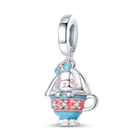 Silver Cute Dog Cup Charm Cyan Accent - Silver Cute Dog Cup Charm Cyan Accent