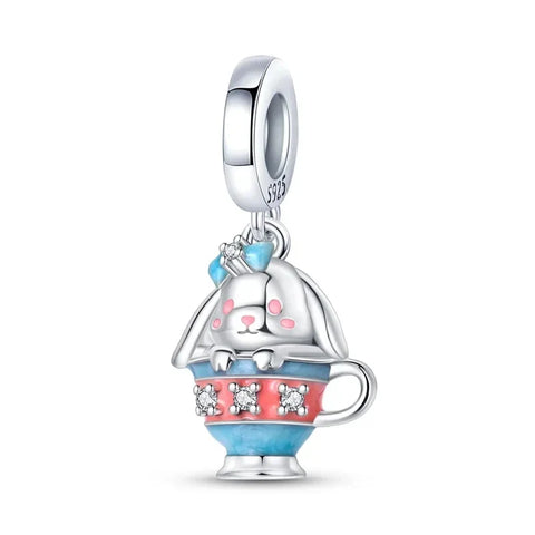 Pandora Silver Cute Dog Cup Charm Cyan Accent