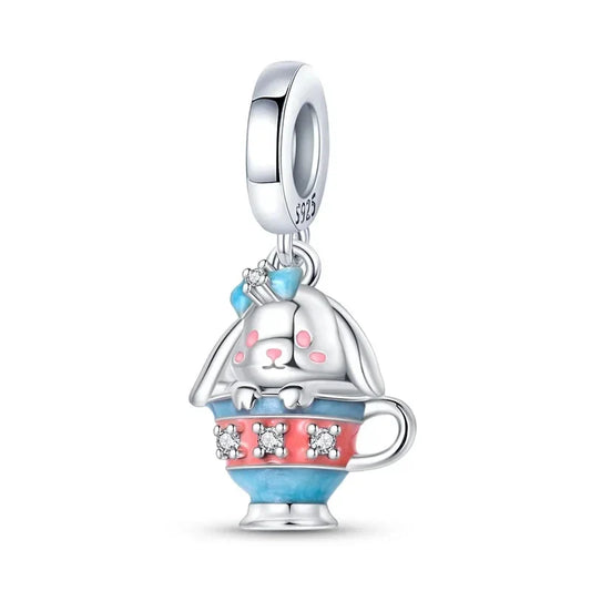 Pandora Silver Cute Dog Cup Charm Cyan Accent