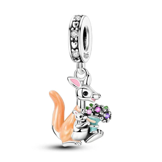 Silver Cute Kangaroo Flower Charm Orange Accent