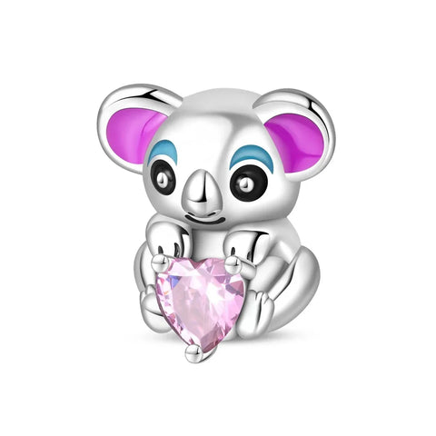 Silver Cute Koala Bear Charm Pink Crystal Magenta Accent Charm - Compatible with Pandora Bracelets
