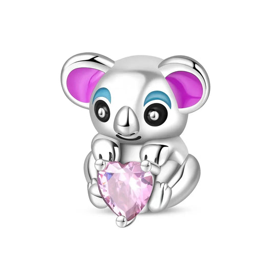 Silver Cute Koala Bear Charm Pink Crystal Magenta Accent Charm - Compatible with Pandora Bracelets